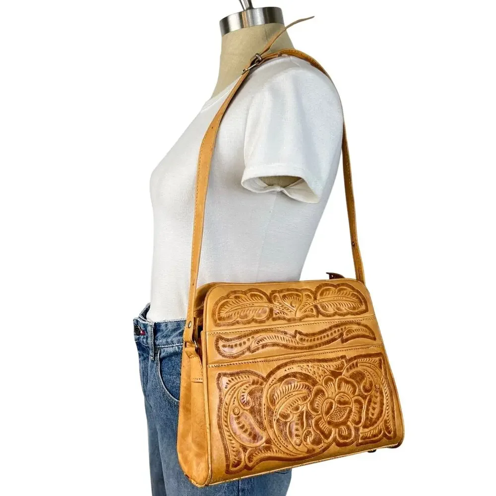 Vintage Tooled Embossed Floral Leather Western Style Shoulder Purse Bag